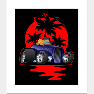 Hot Rod Couple Cruise at Sunset with Palm Trees Car Design Posters and Art